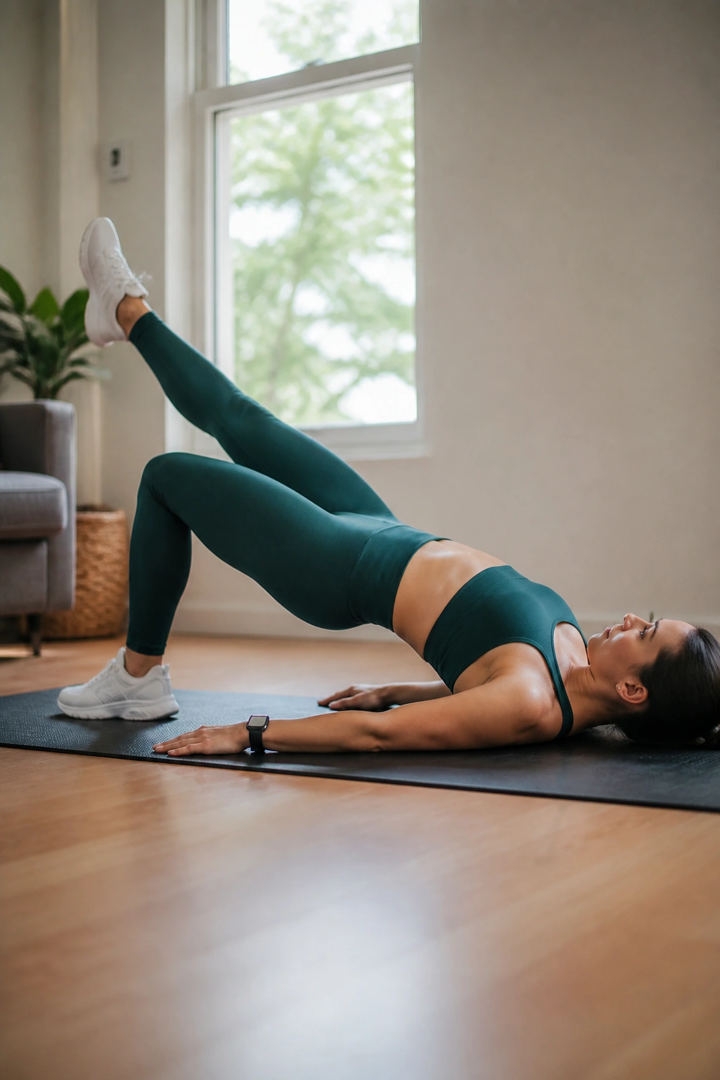 Close-up of a single-leg glute bridge showing pelvis level and glute engagement