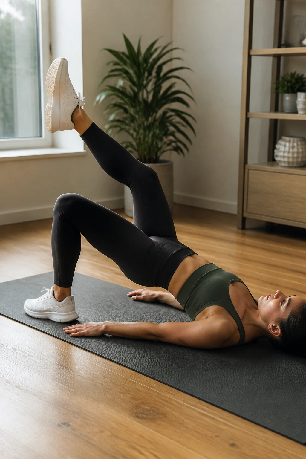 Medium shot of a person doing a single-leg glute bridge on a mat