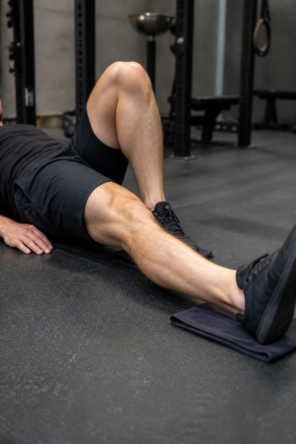 Person performing single-leg hamstring slider curl on gym floor