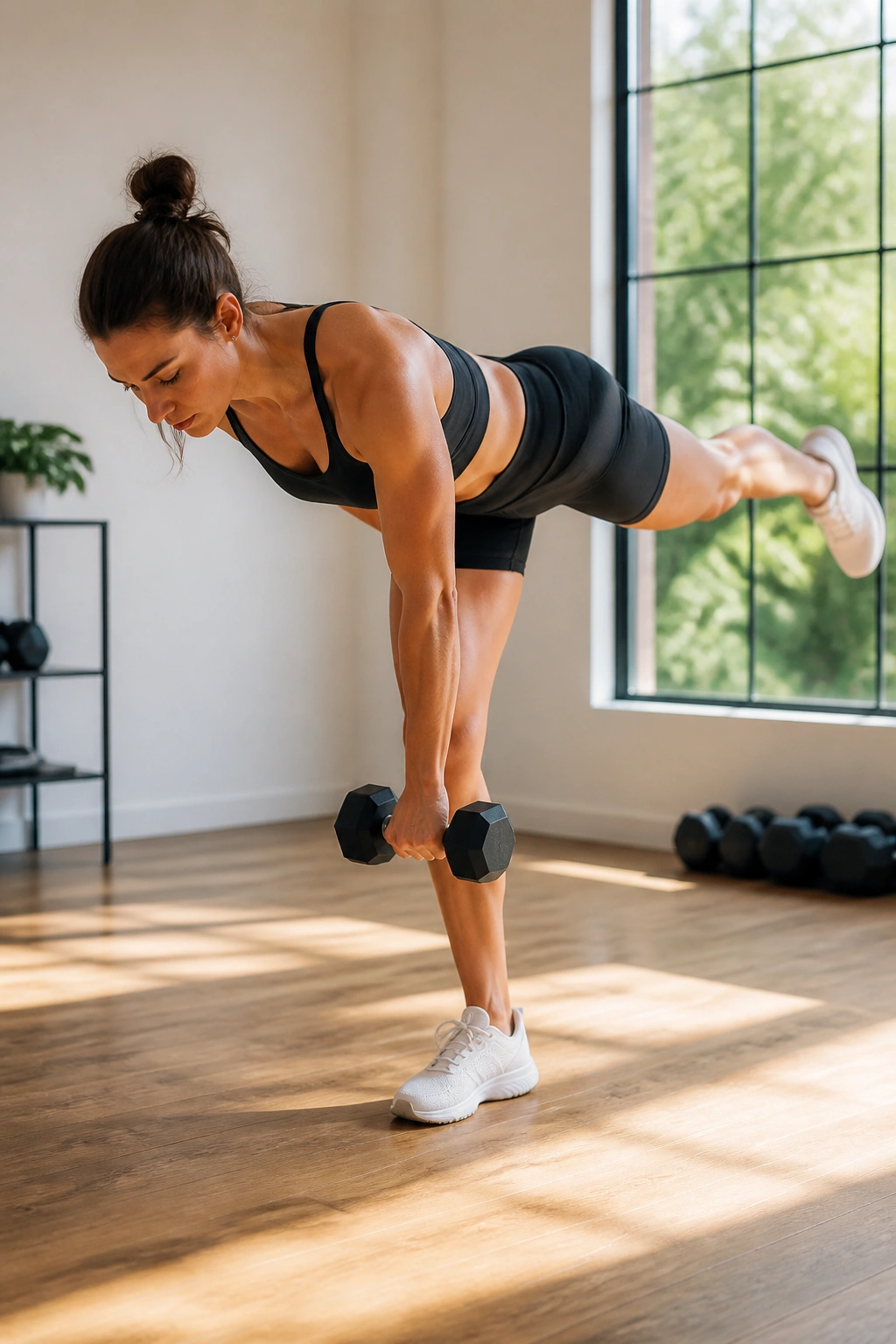 Medium close-up of a person balancing during a single-leg Romanian deadlift in a home gym