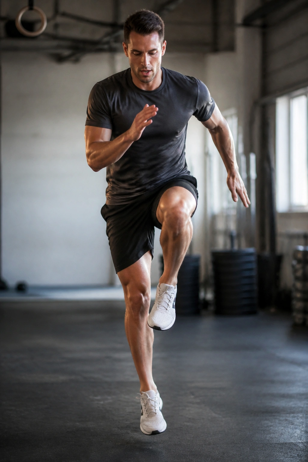 Athlete performing single-leg hops with balance in gym