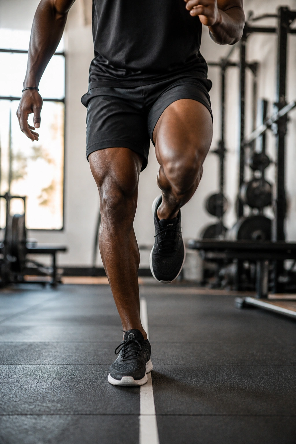 Real athlete performing single-leg hops with a 2-second freeze on gym floor