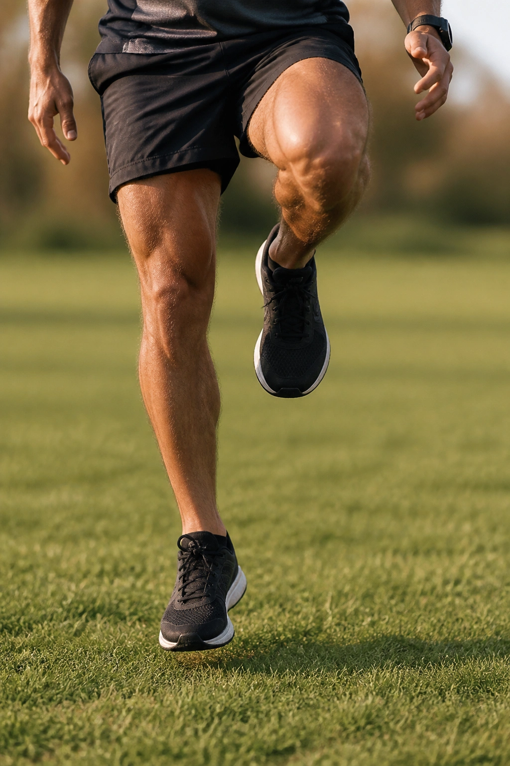Close-up of person performing a single-leg hop on grass