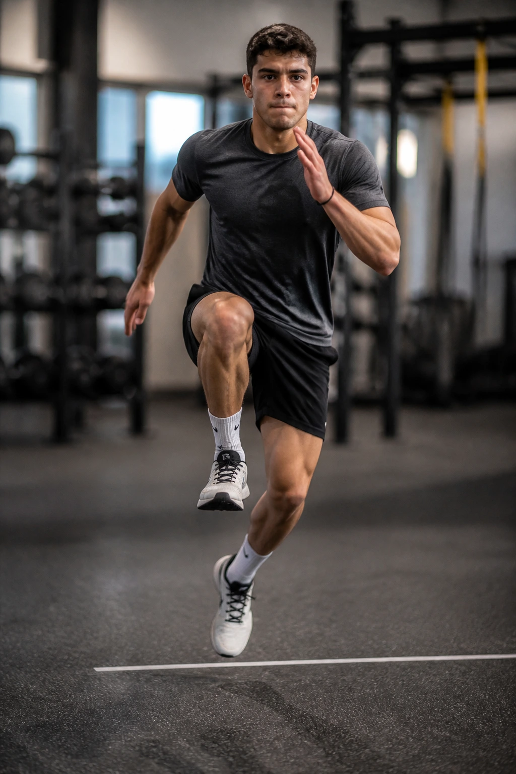 Athlete performs a single-leg hop in a gym with intense focus and balance.