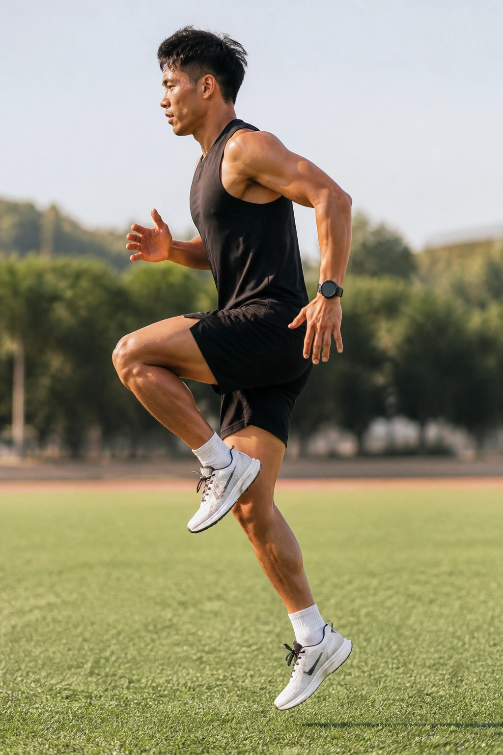 Side-profile of a real athlete performing single-leg hops on grass
