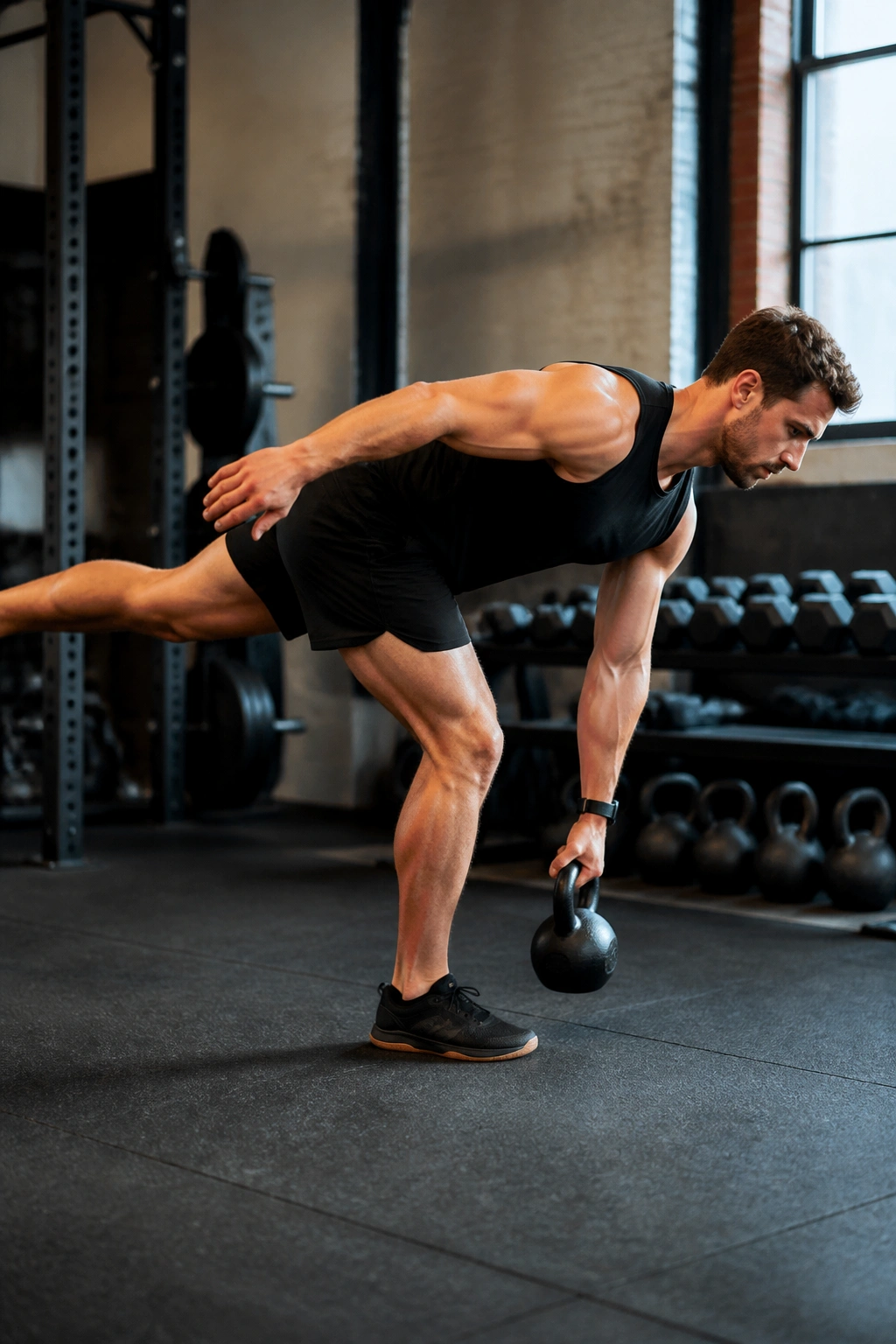 Side profile of single-leg kettlebell deadlift in gym