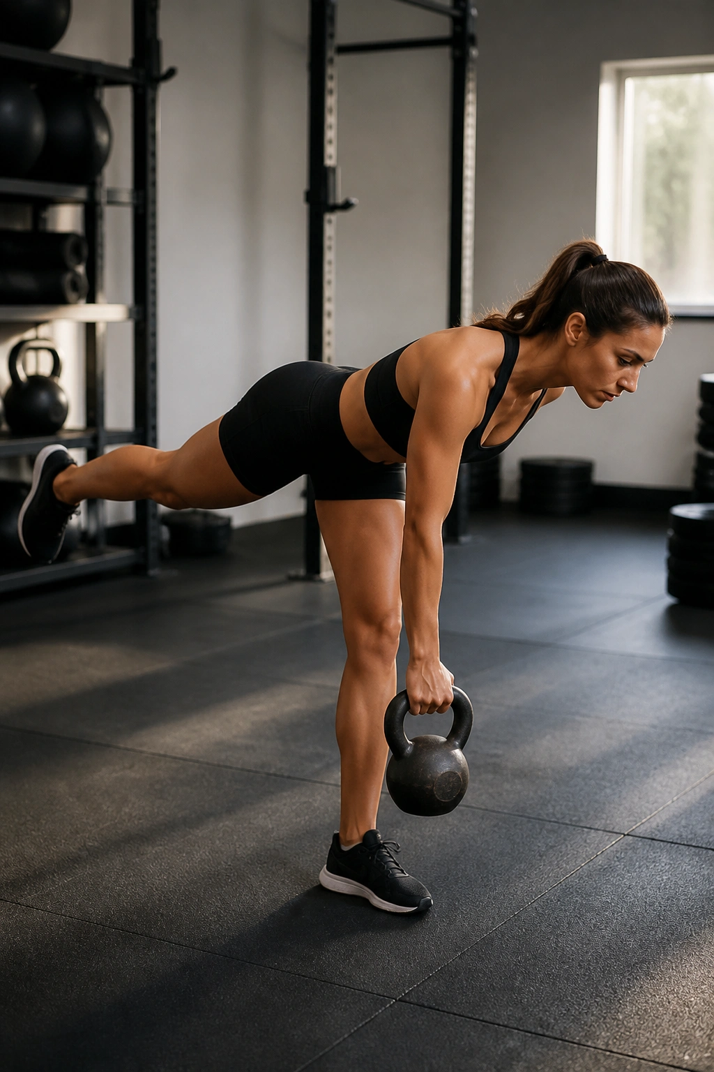 Single-leg kettlebell deadlift on one leg with kettlebell in opposite hand in gym