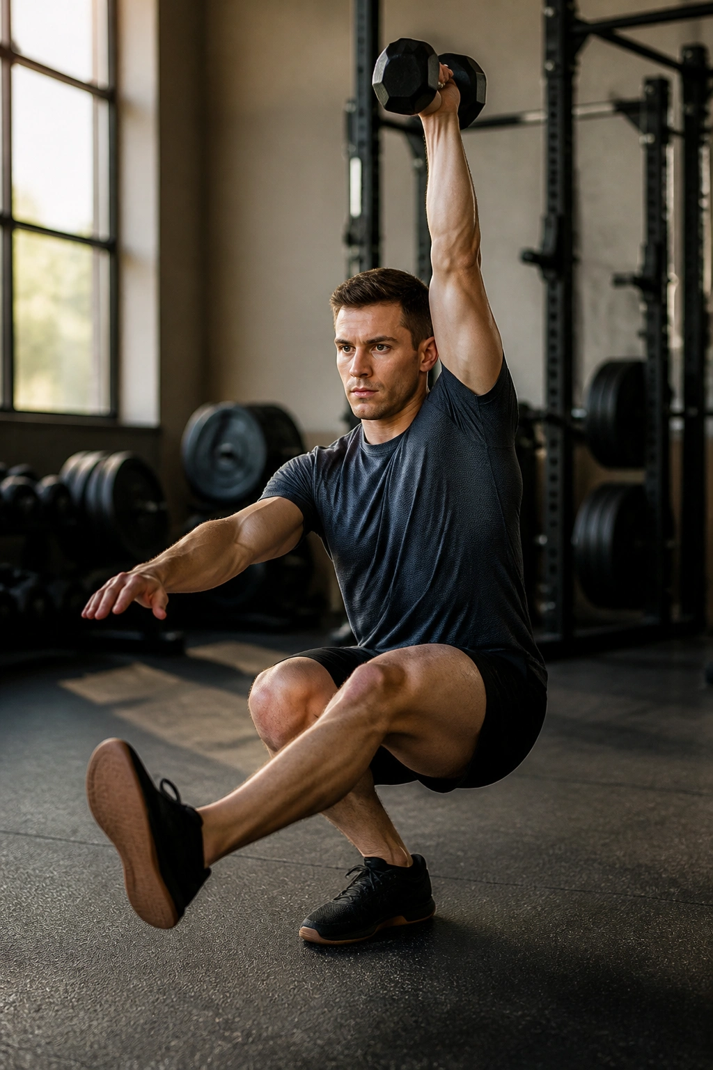 Close-up of athlete performing a single-leg overhead squat with overhead weight in gym setting