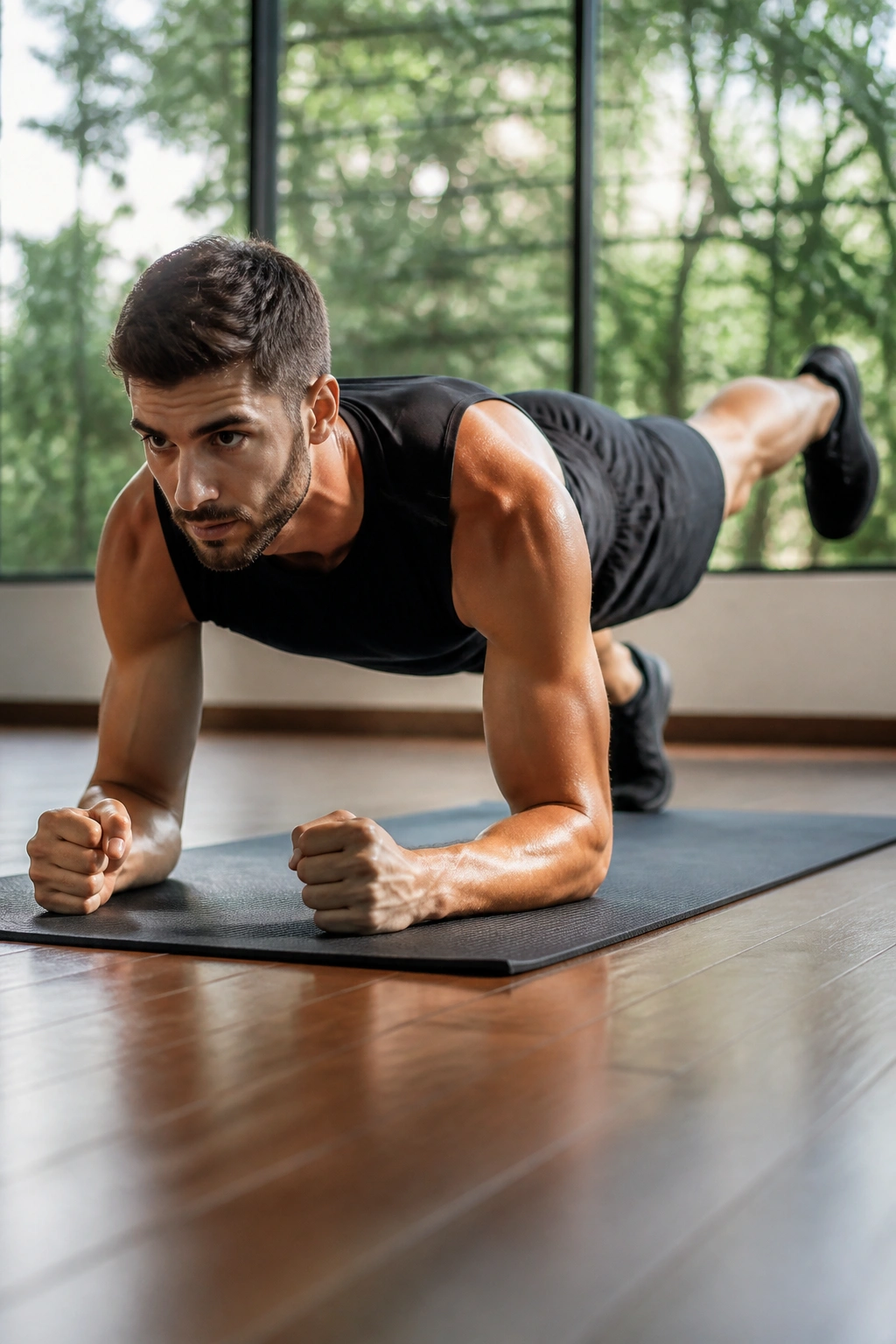 Person in forearm plank with one leg lifted, demonstrating core and pelvic stability.