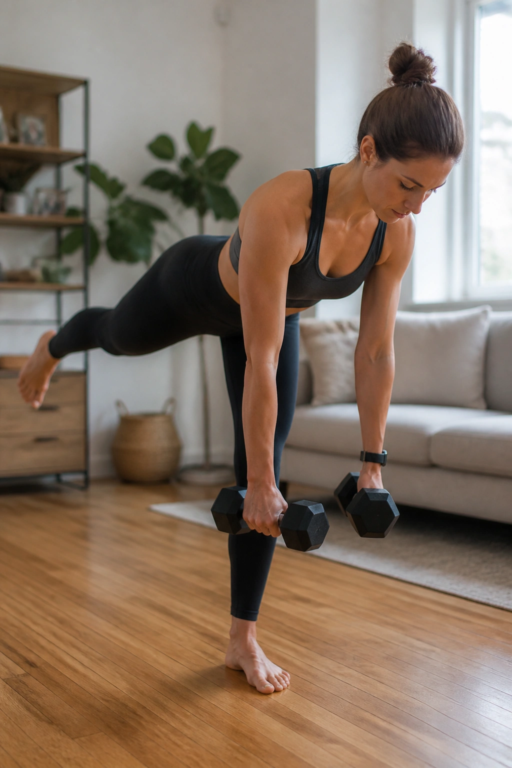 Real person performing a single-leg Romanian deadlift in a home setting focusing on balance.