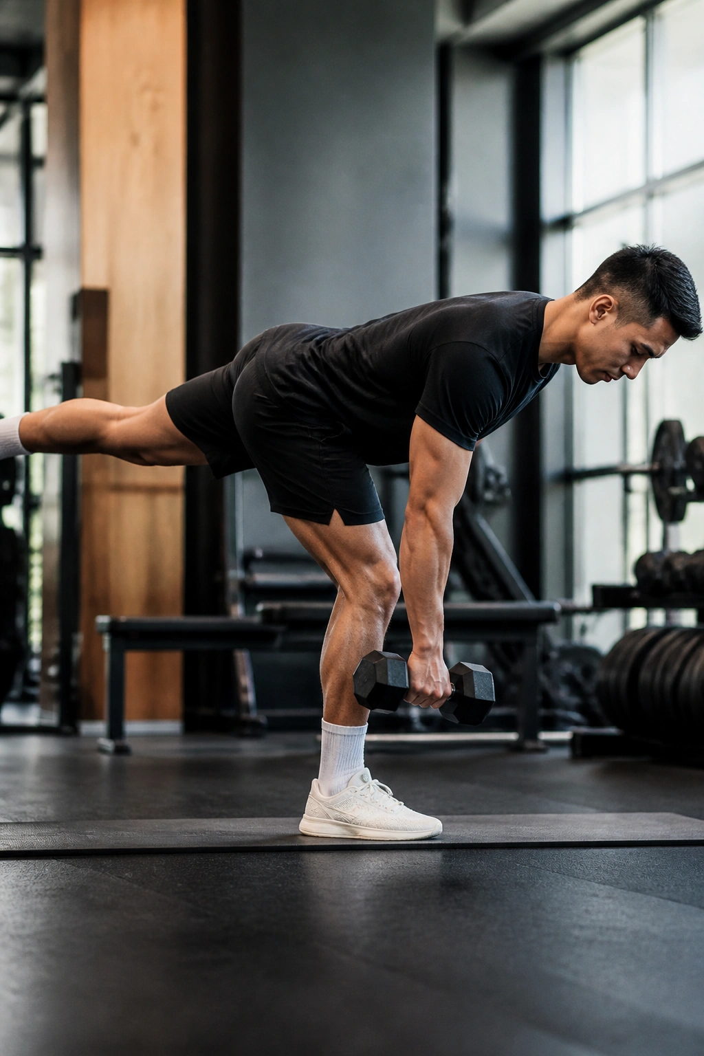 Single-leg RDL with dumbbell in opposite hand in gym setting