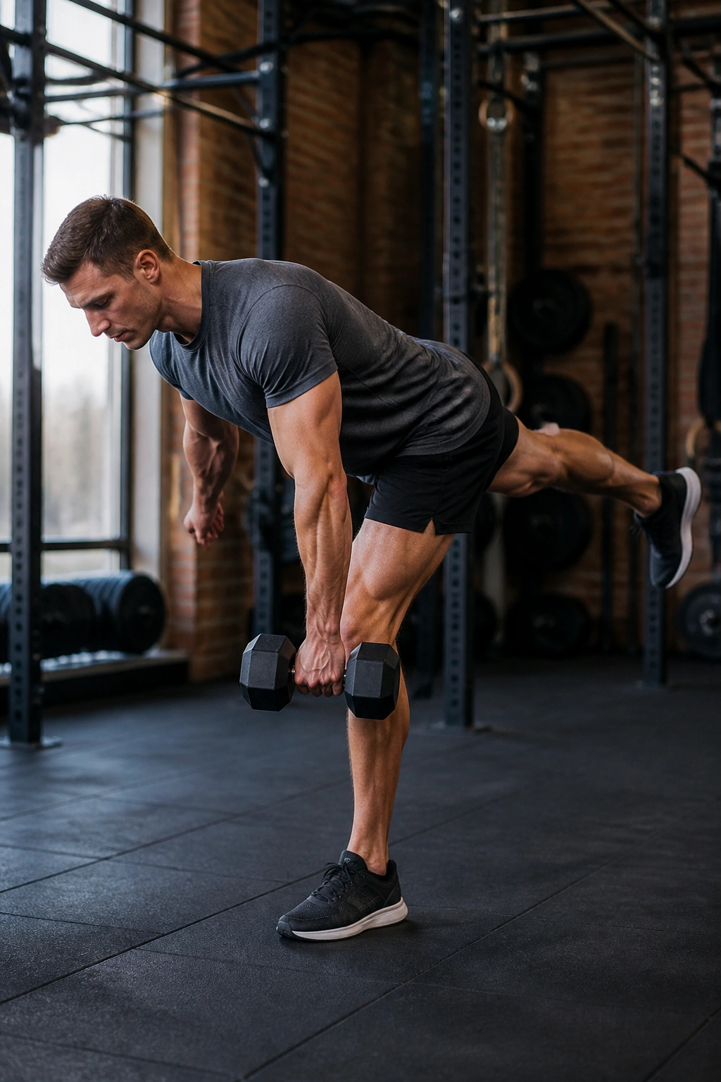 Person performing single-leg Romanian deadlift with dumbbell in hand