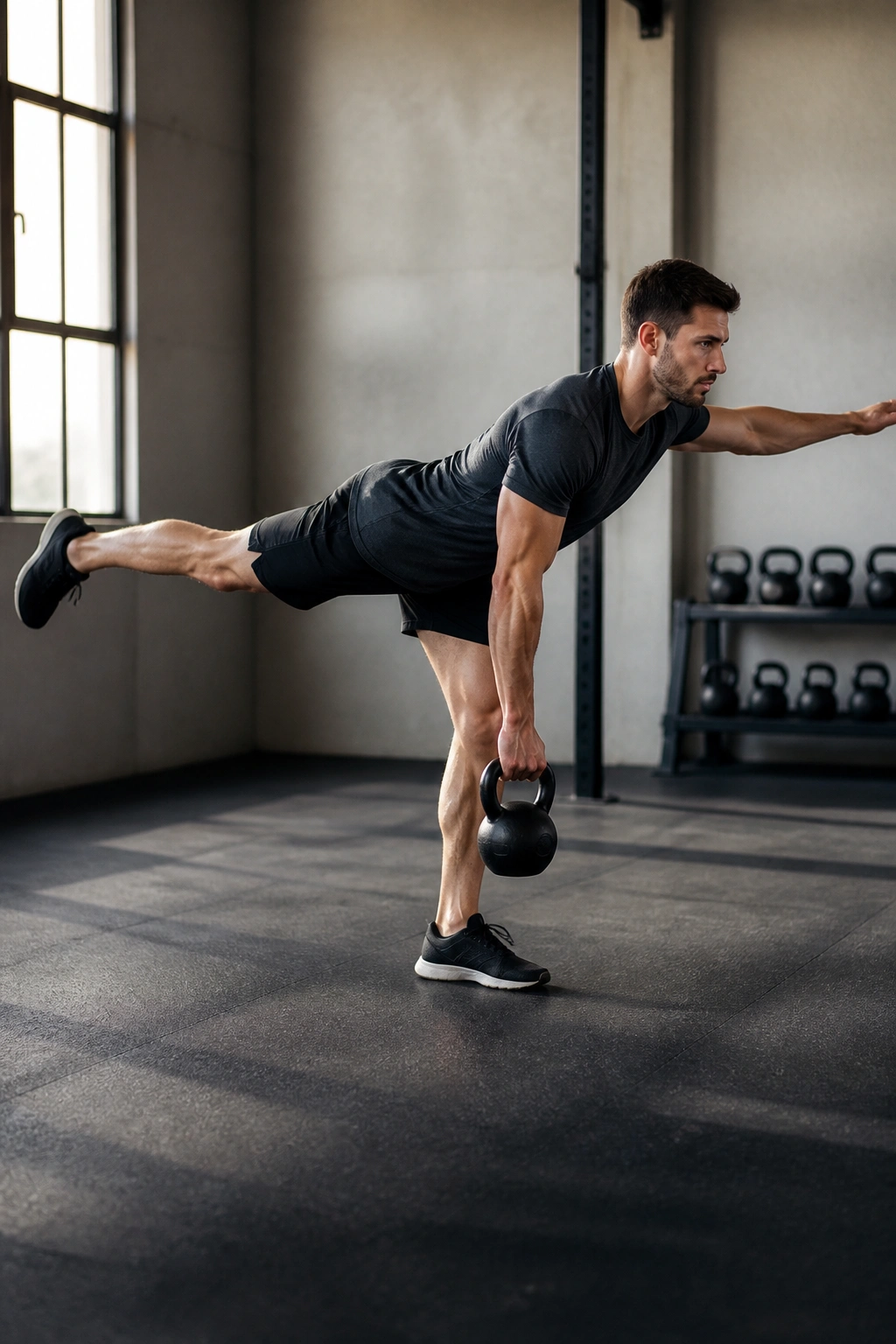 Side view of a person performing a single-leg RDL with reach holding a kettlebell.