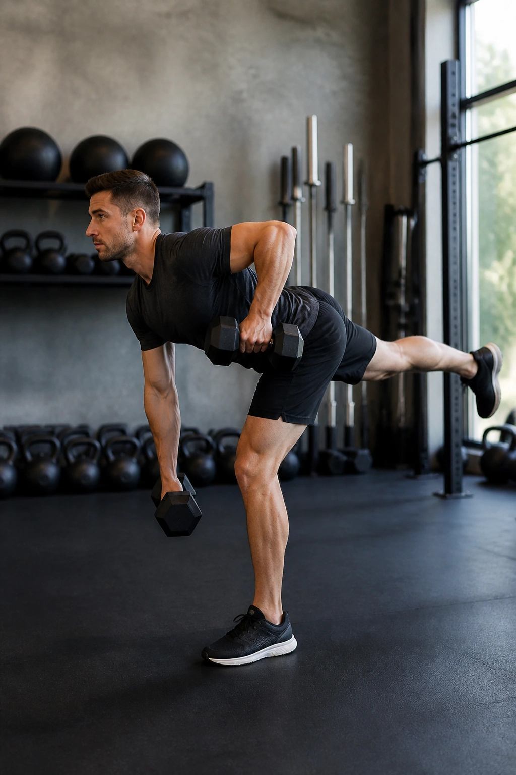 Profile view of single-leg Romanian deadlift with row