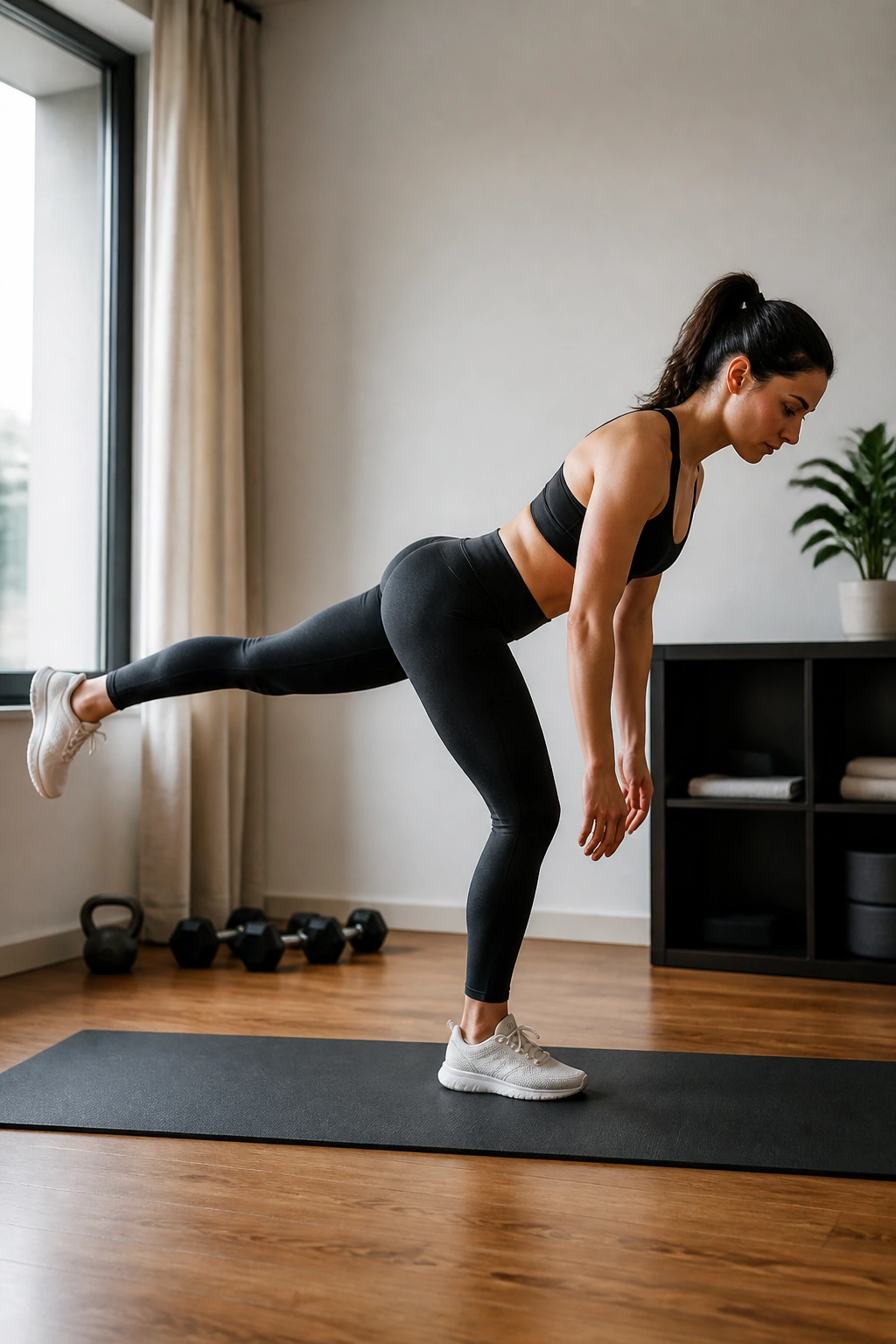 Person performing single-leg Romanian deadlift with balance