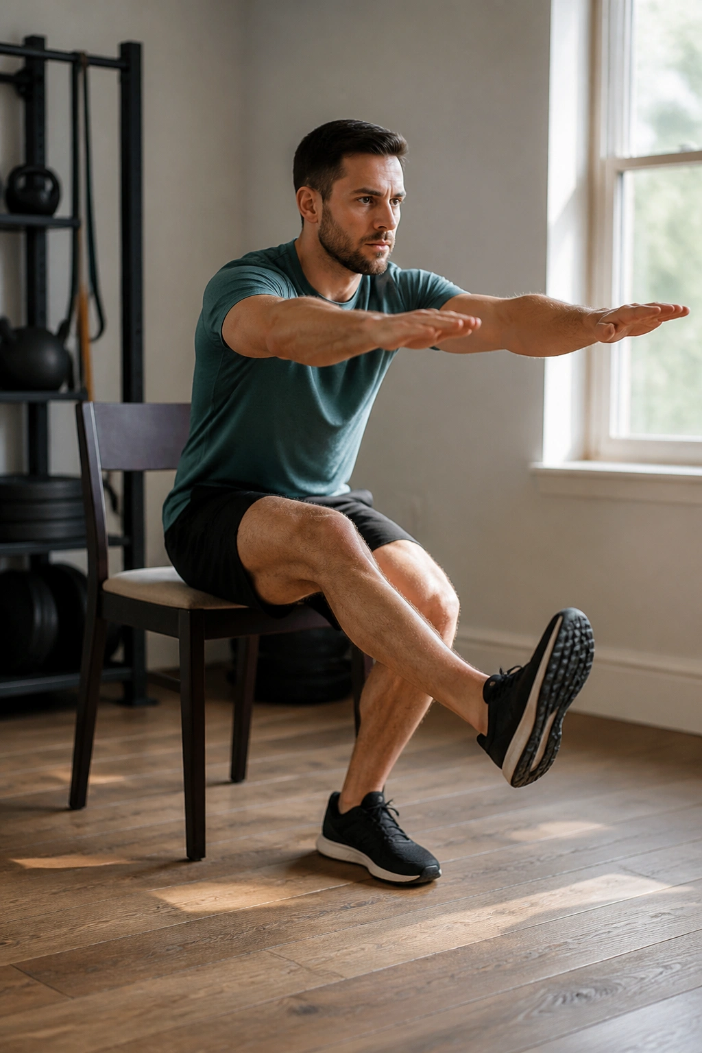 Close-up of a real person performing single-leg sit-to-stand with chair in a home gym.