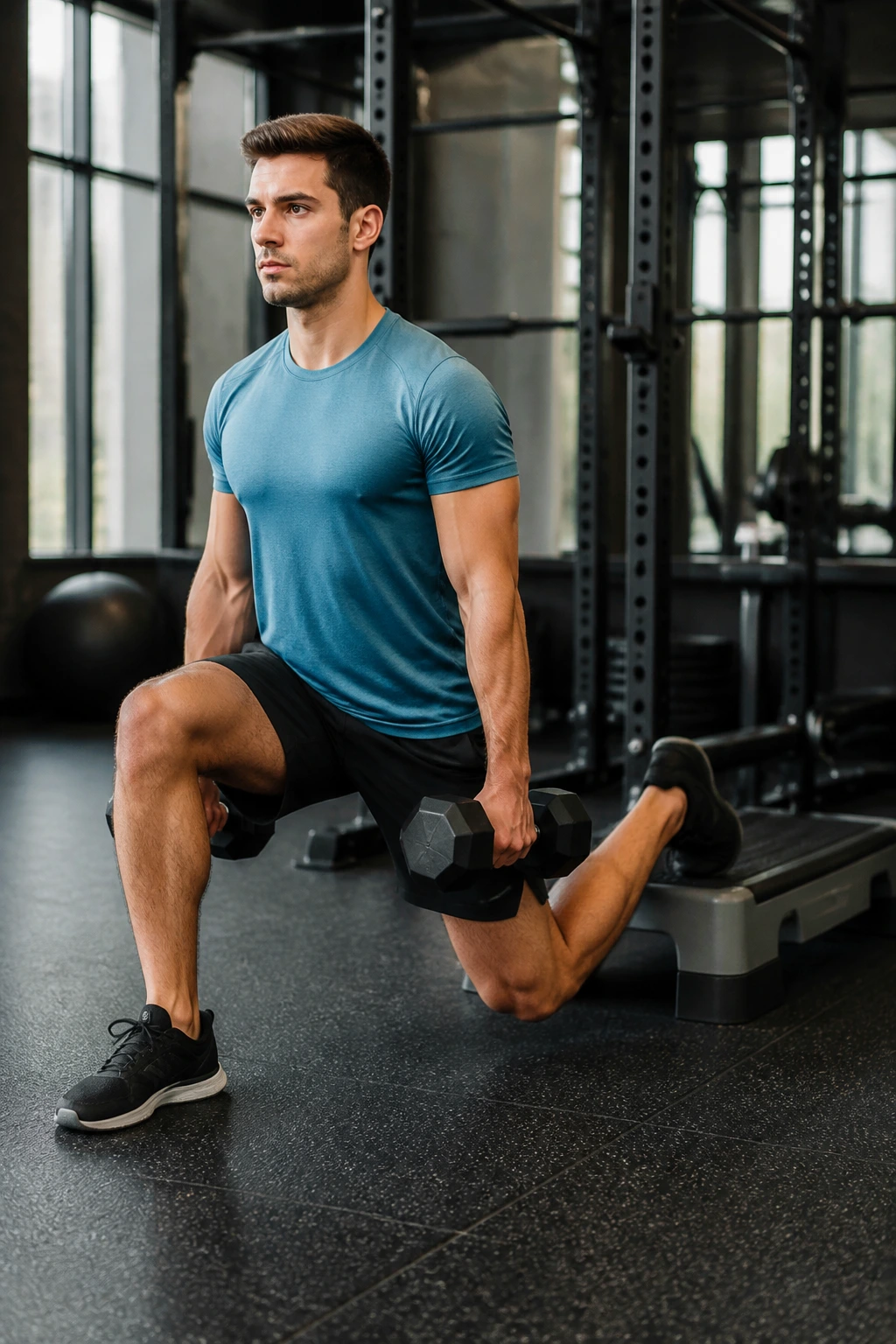 Lifter performing a Bulgarian split squat in gym