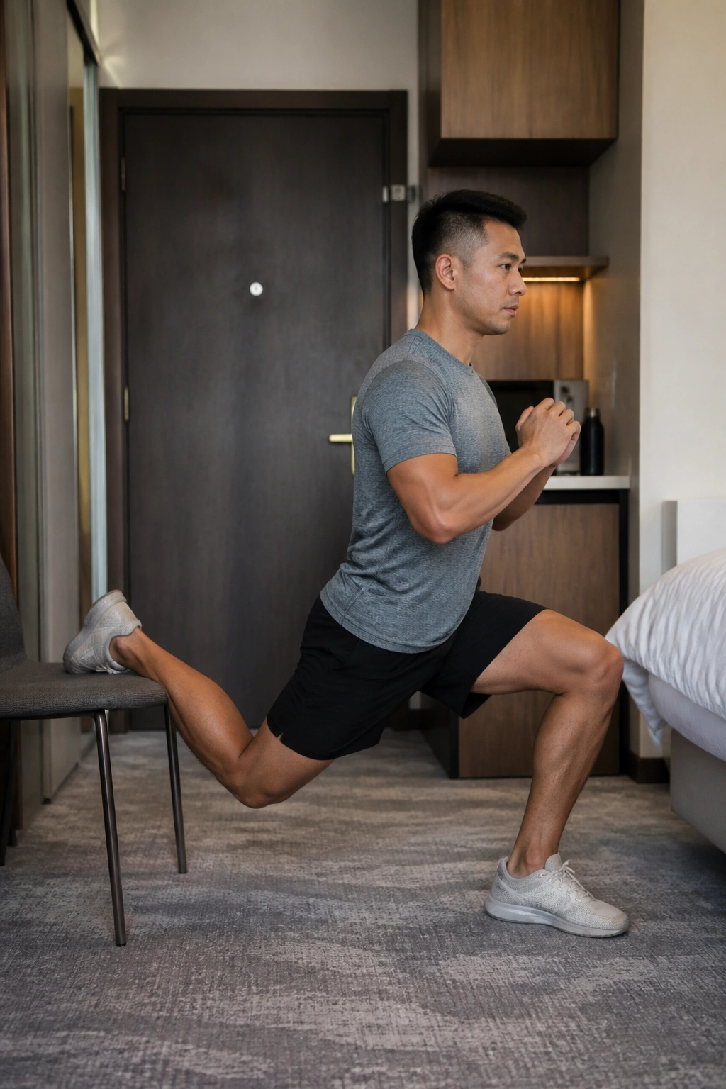 Person performing single-leg split squats in a small room for balance and strength.