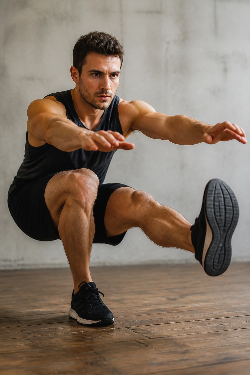 Athlete performing pistol squat balance on one leg in gym.