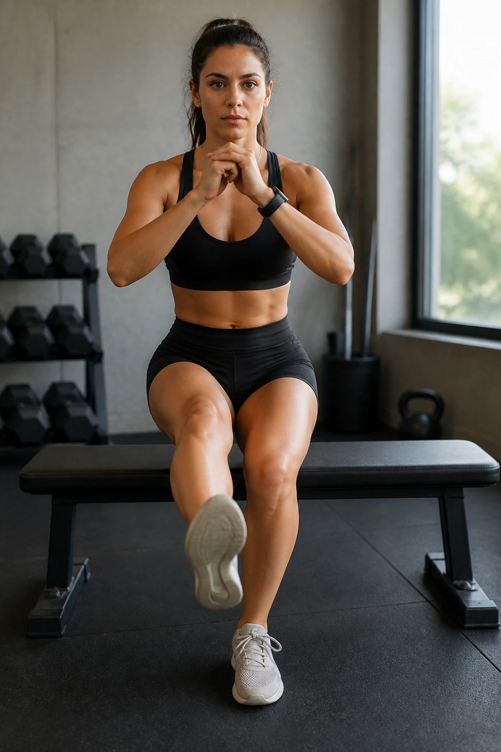 Close-up of a person performing a single-leg squat to bench, showing hip control and knee alignment.