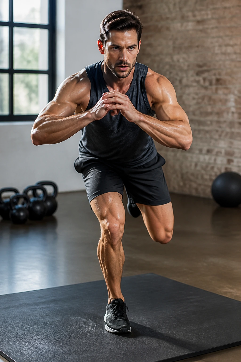 Athlete performing a single-leg squat jump in a gym.