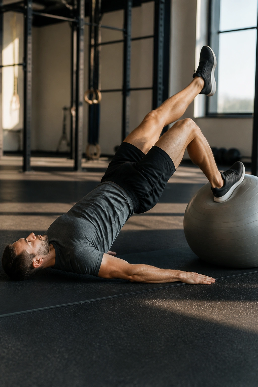 Bridge position with one leg on stability ball performing hamstring curl