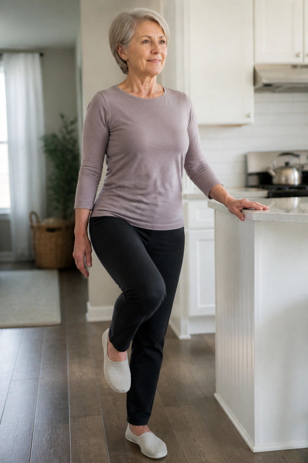 Person performing a supported single-leg stand near a kitchen counter
