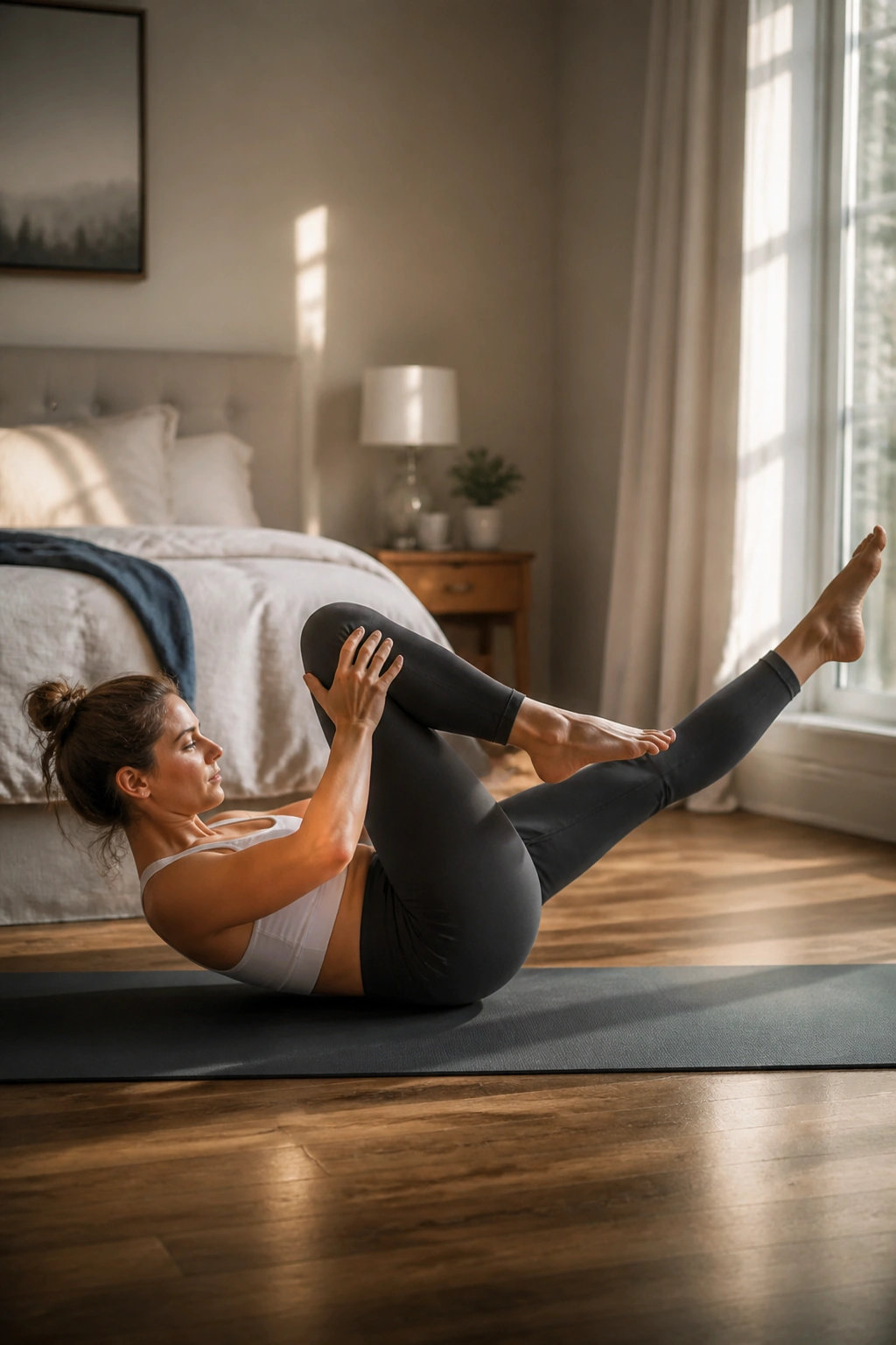 Close-up of single leg stretch with alternating legs on a mat