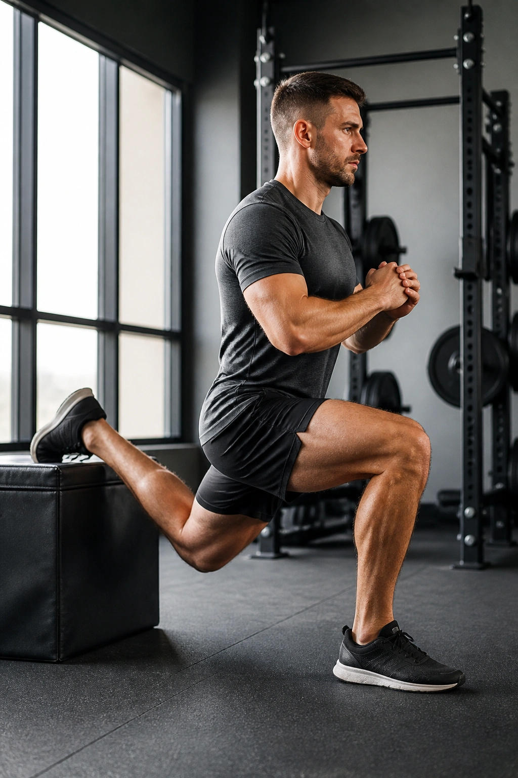 Real person performing single-leg split squat on a box