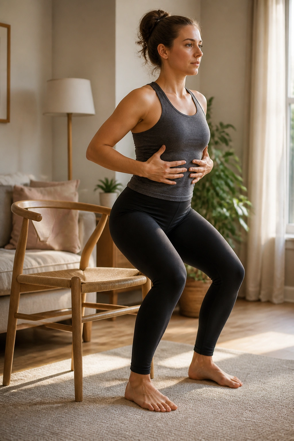 Seated chair squat with breath control and upright trunk