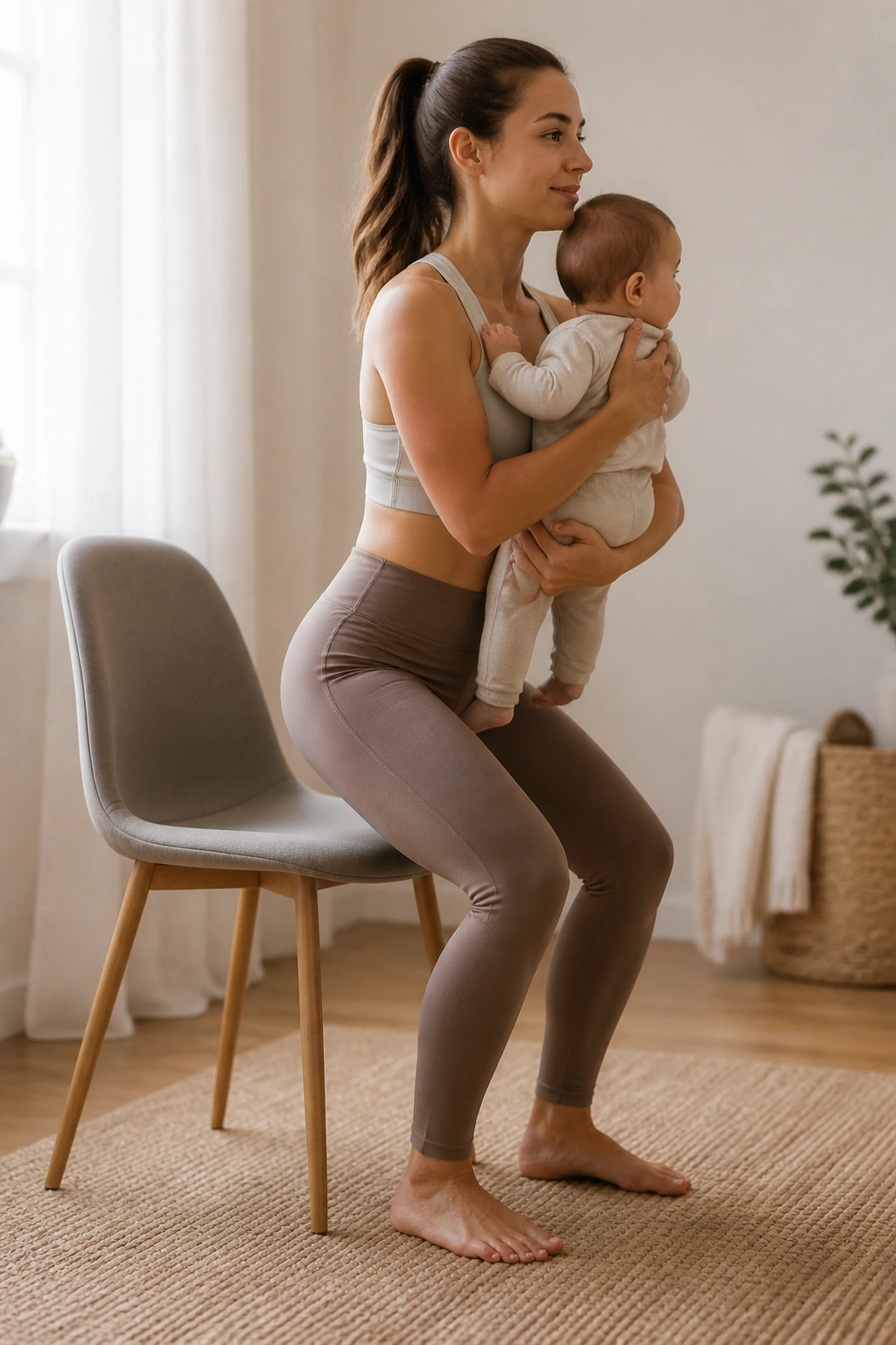 Person performing sit-to-stand with baby held at chest