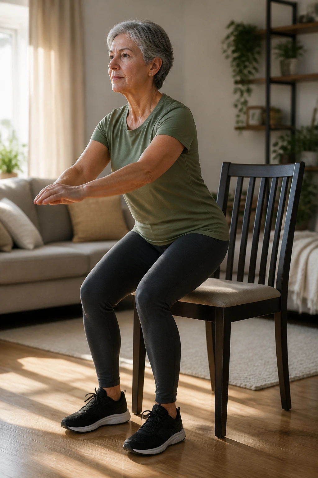 Person performing sit-to-stand with chair in a cozy home setting