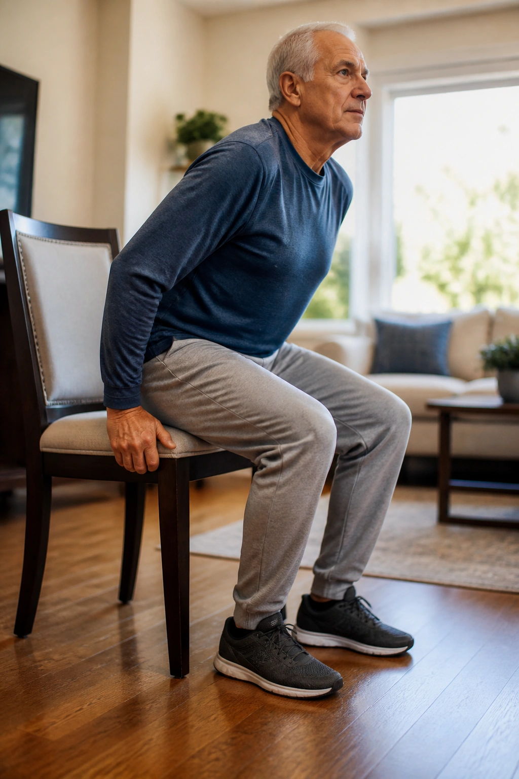 Older adult performing sit-to-stand from a firm chair, emphasizing leg and core engagement