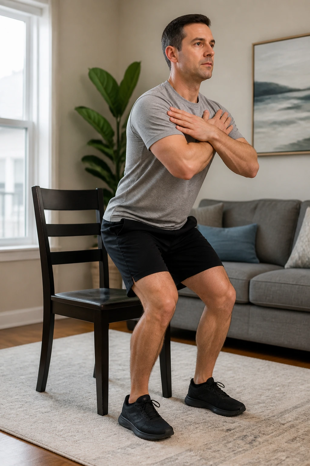 Person performing sit-to-stand from a firm chair with controlled descent.