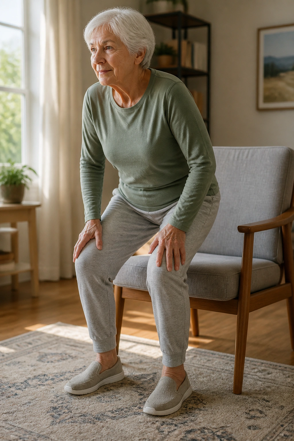 Close-up of a senior adult mid-stand from a chair in a home living room