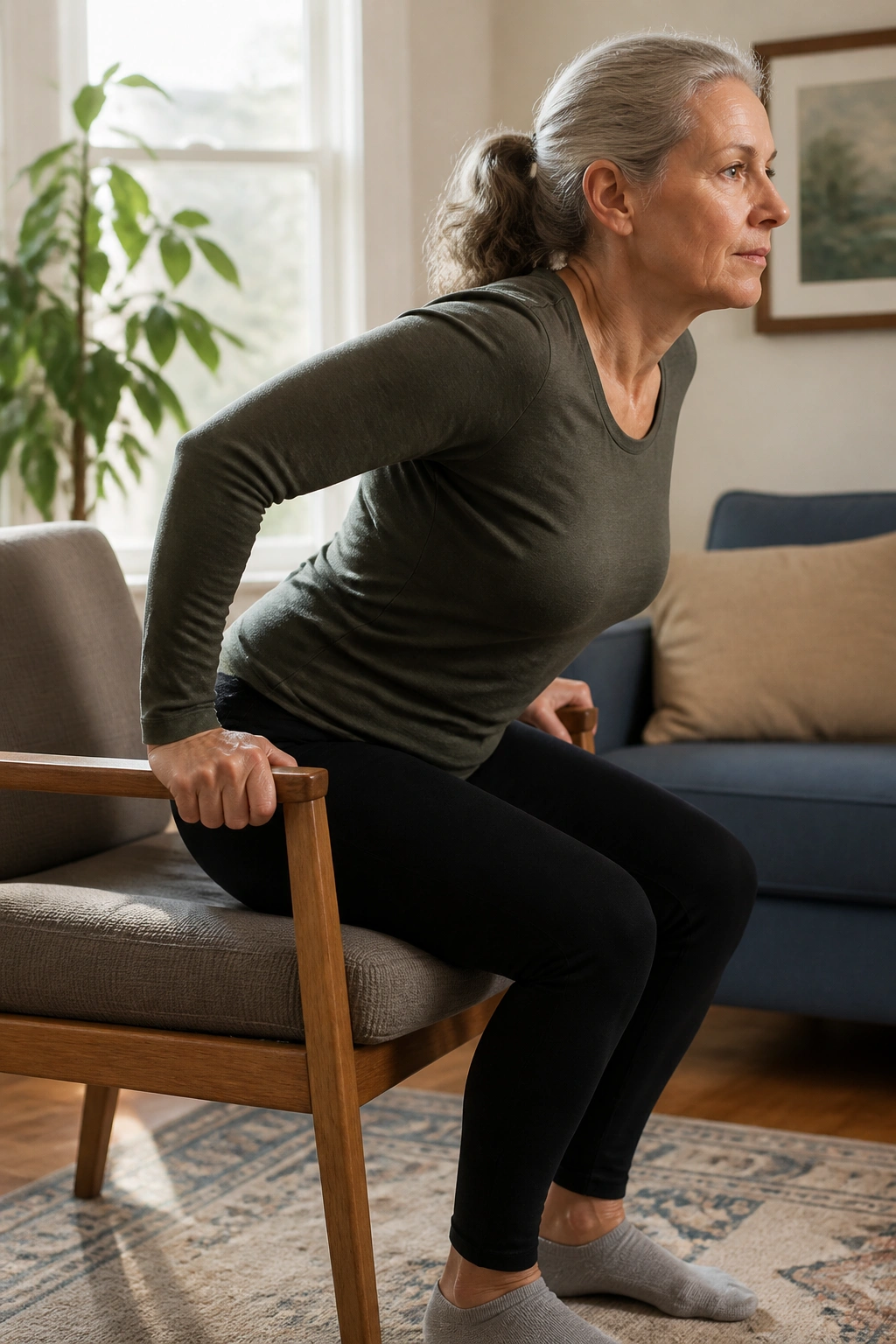 Person rising from a chair with controlled depth and breath for real-world strength