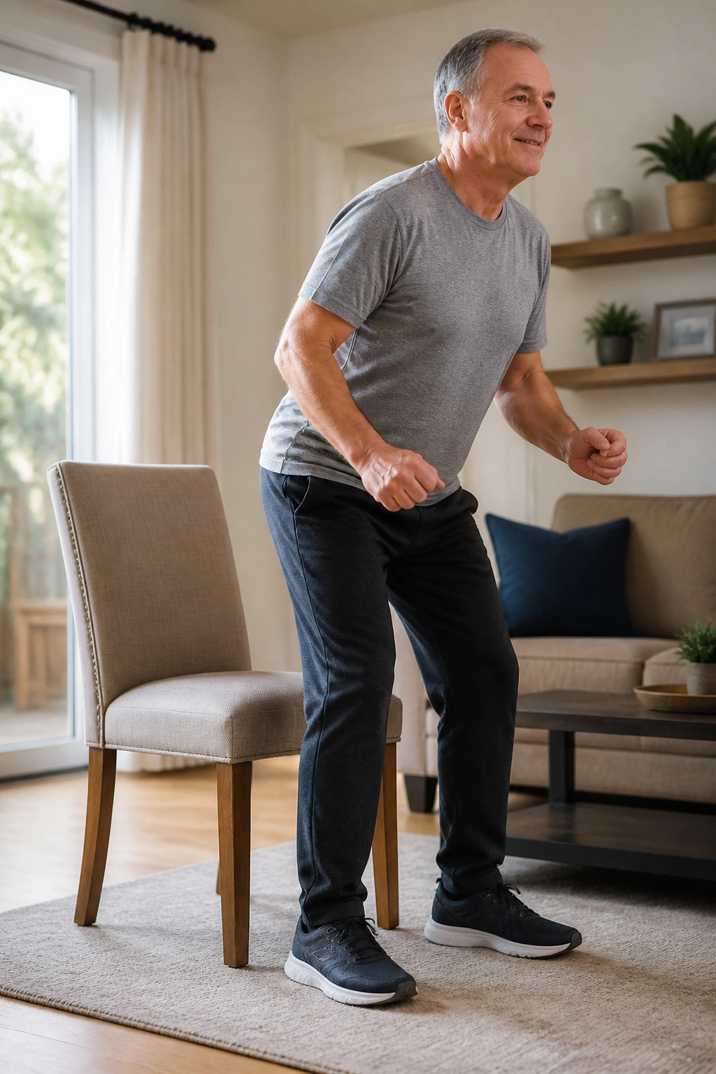 Person performing sit-to-stand from chair in a living room