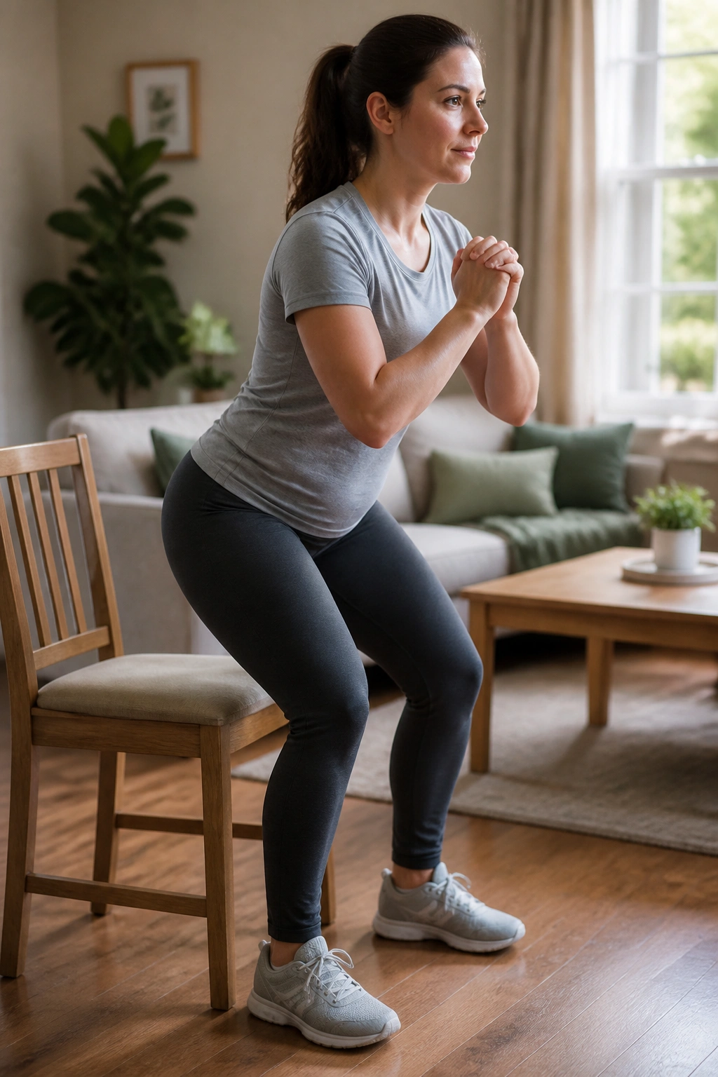 Real person performing sit-to-stand from a chair in a cozy living room