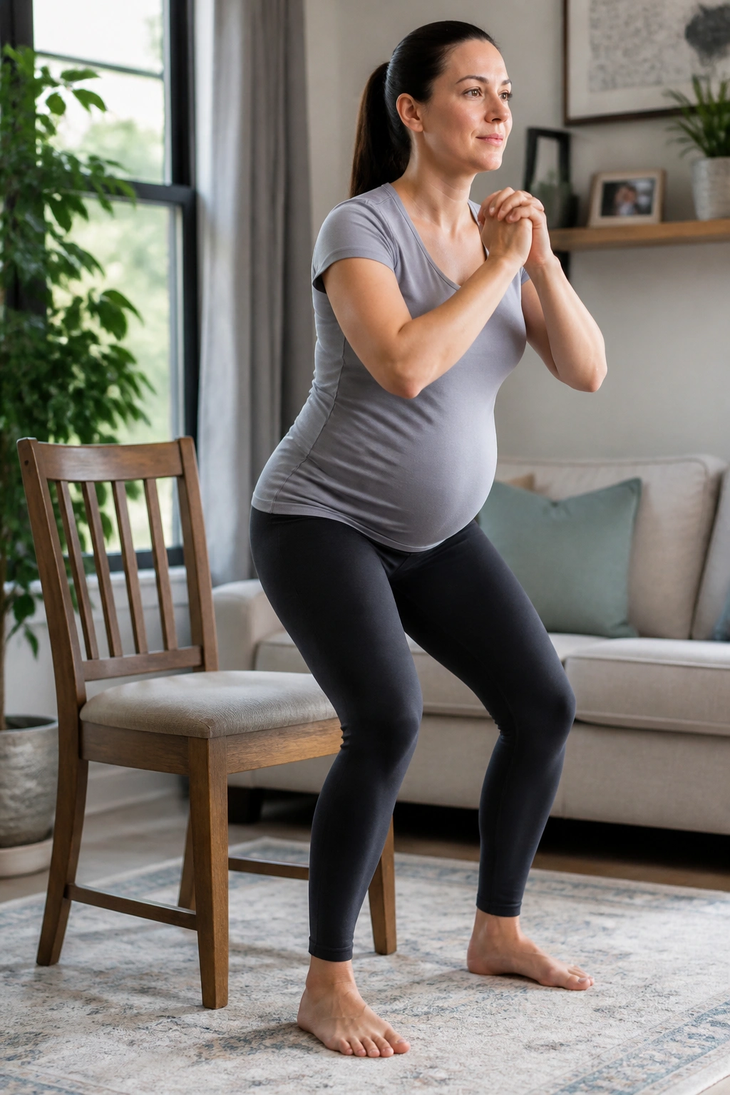 Person performing sit-to-stand squat from a chair in a living room.
