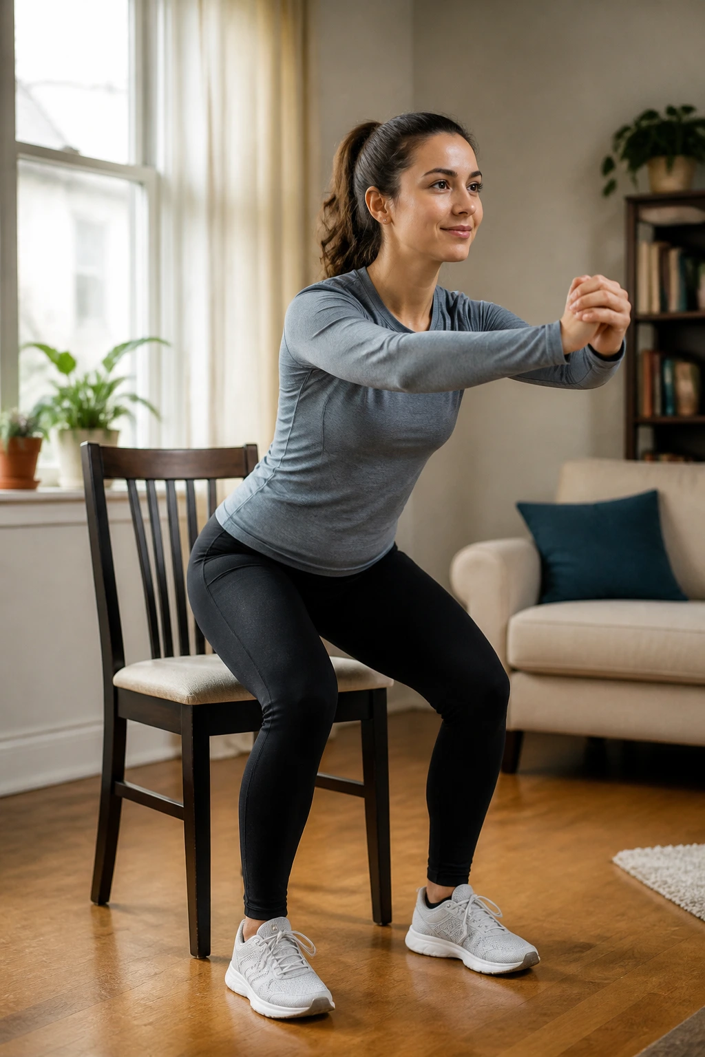 Mid-shot of a person performing sit-to-stand squats from a chair in a home living room