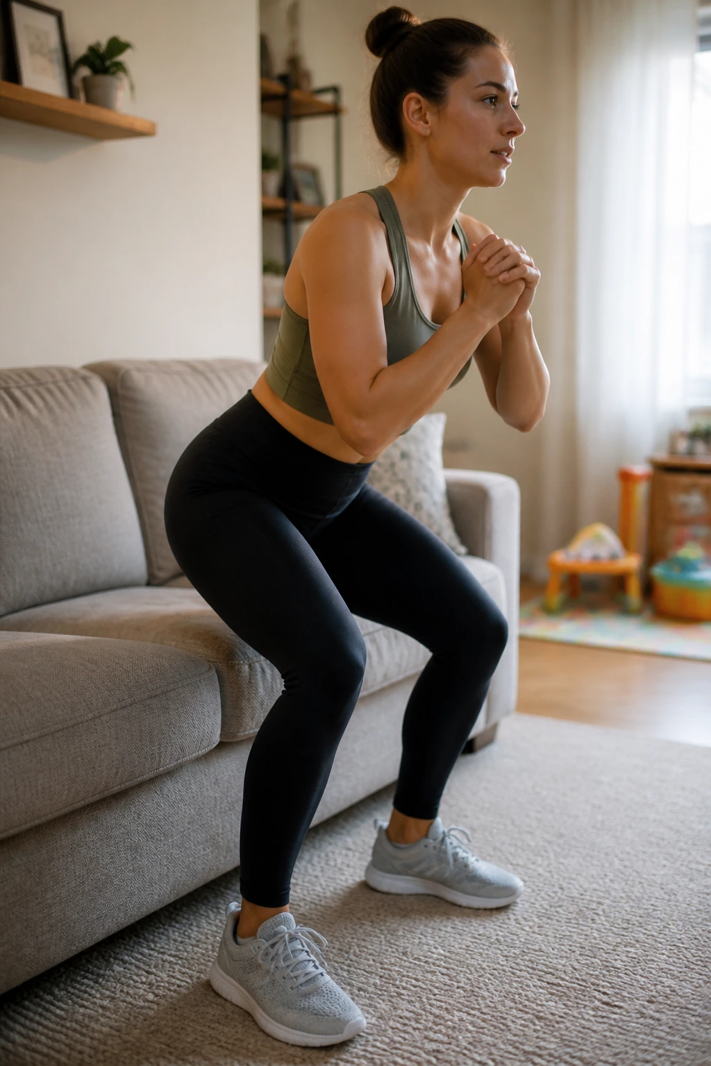 Person performing sit-to-stands from a couch in a living room