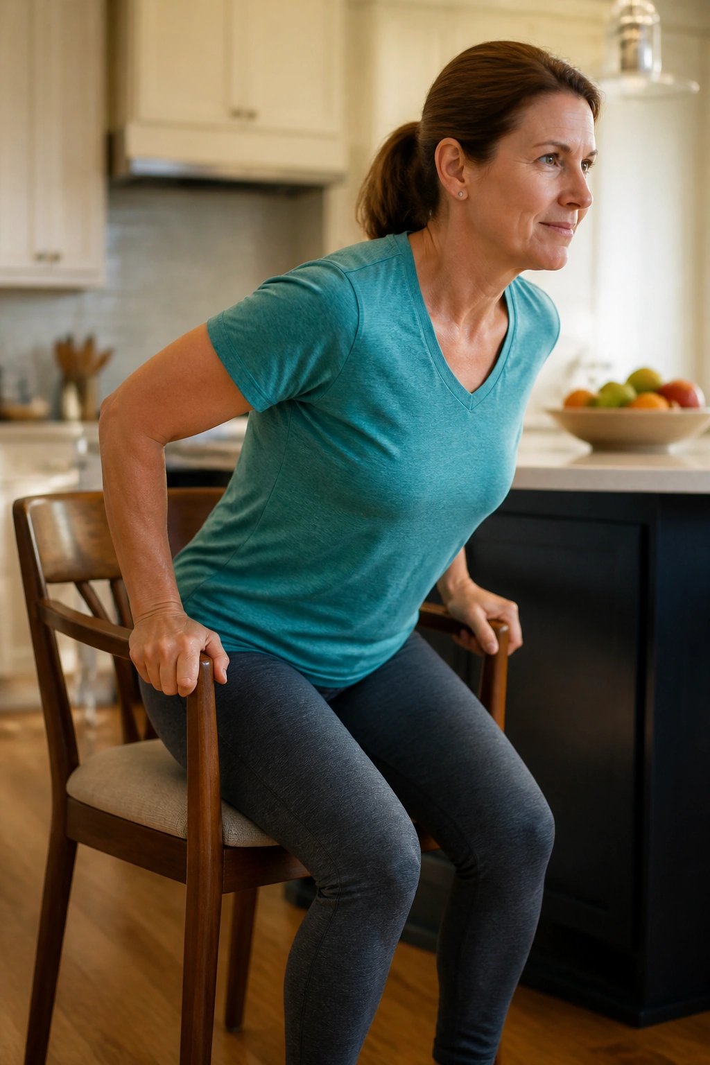 Mid-shot of a person standing from a high chair in a kitchen