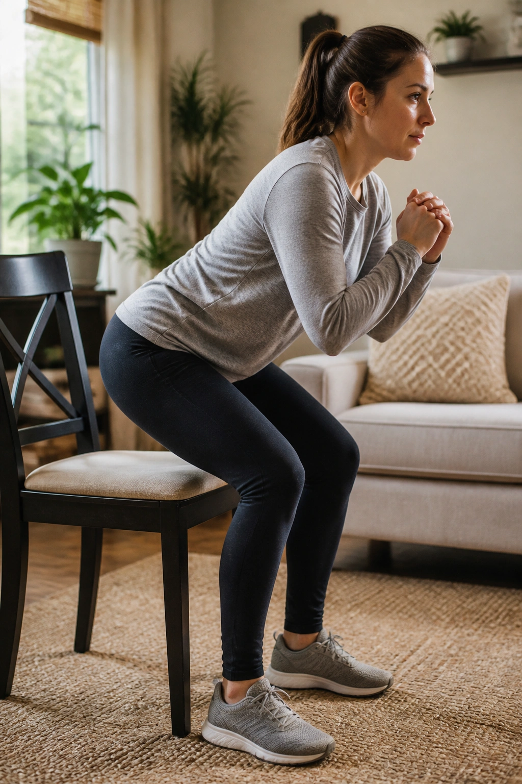Close-up of a real person performing sit-to-stand hip hinge on a chair in a living room