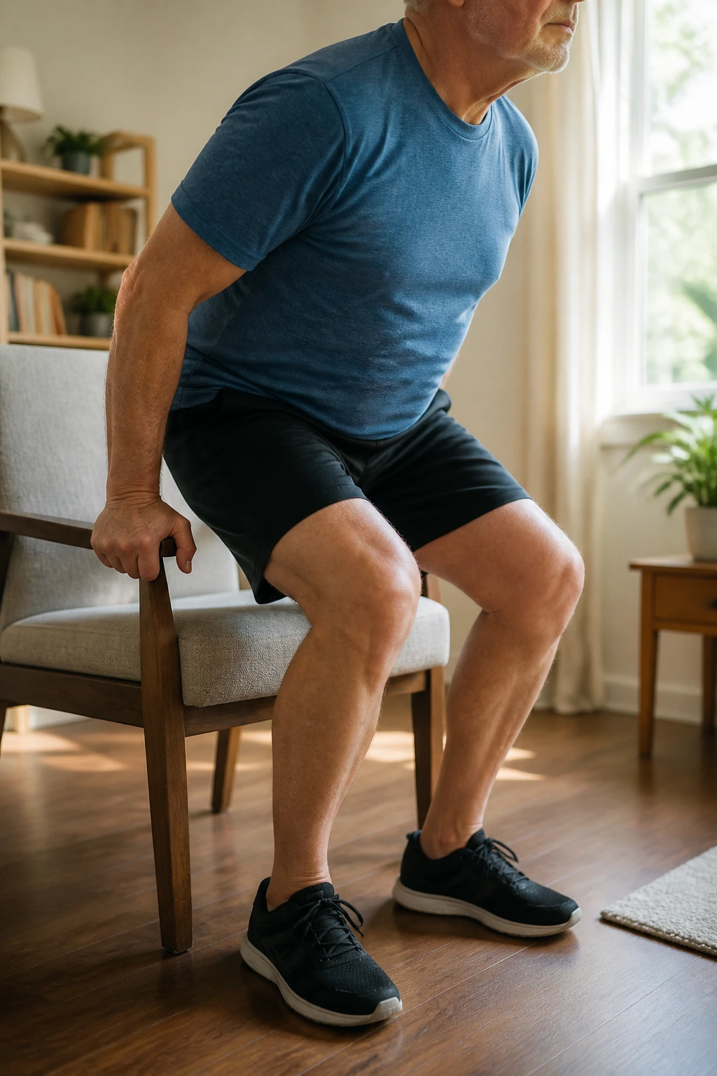 Senior performing sit-to-stand from a chair in a living room.