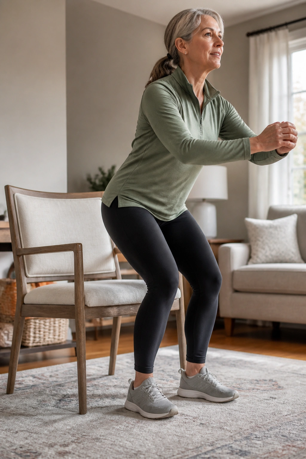Person rising from a chair during a knee-friendly circuit in a home setting.