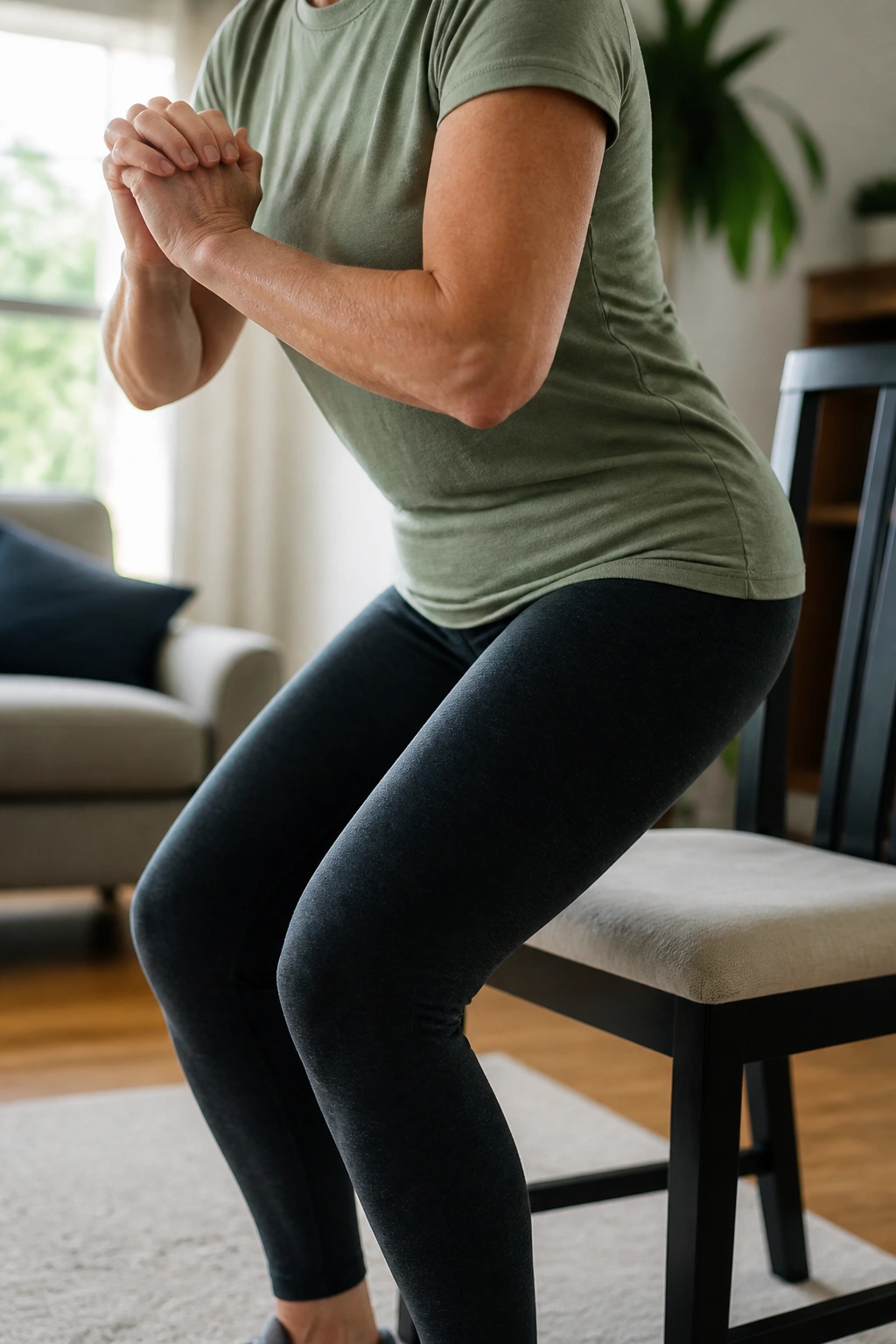 Close-up of a real person performing a controlled chair sit-to-stand in a living room