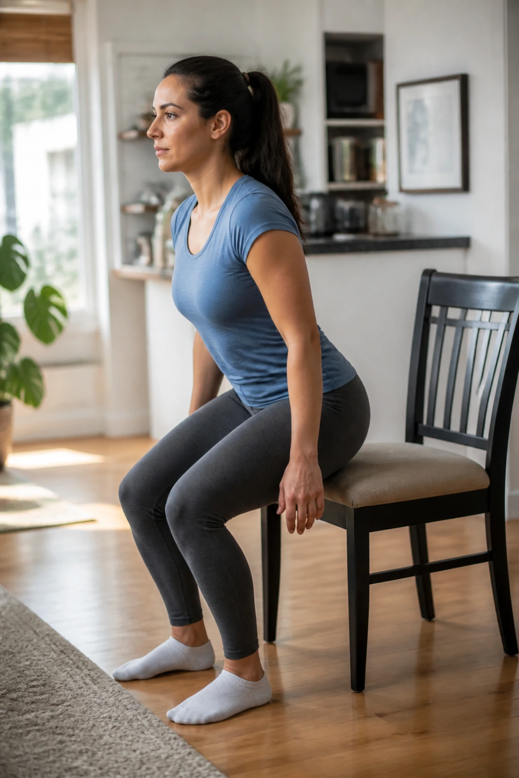 Medium shot of a real woman performing sit-to-stand from a chair to train pelvic floor control