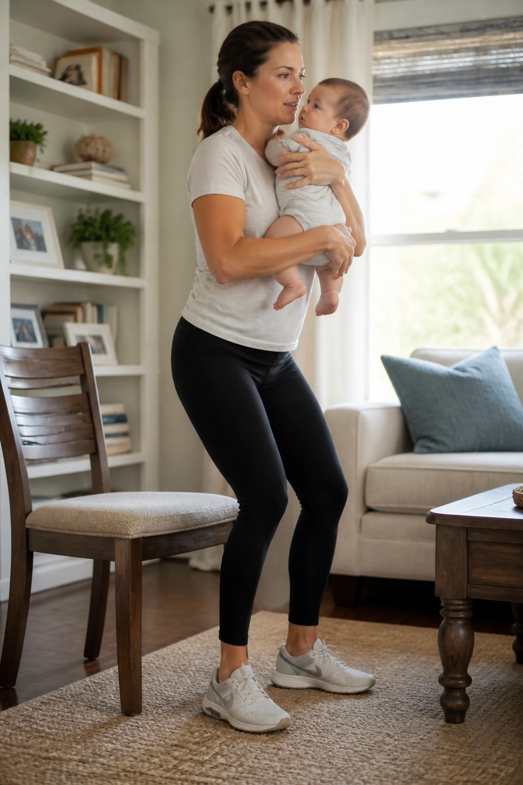 Mom performing sit-to-stand with baby in arms.