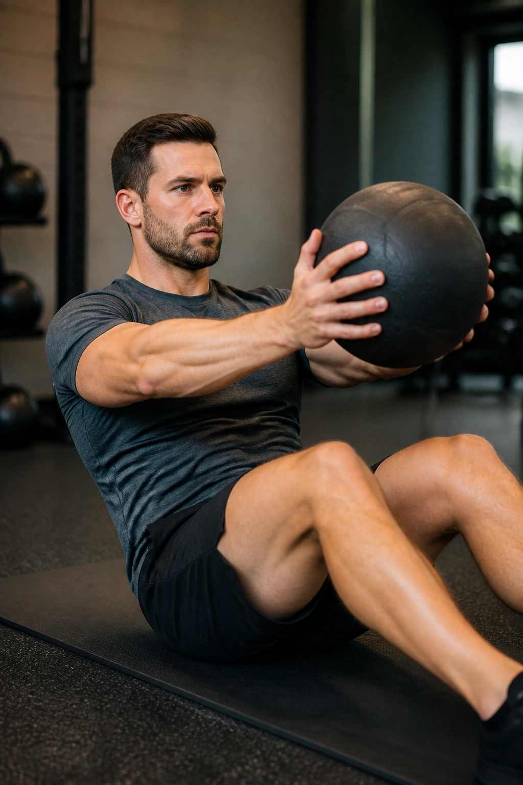 Person doing medicine ball sit-up press on mat.