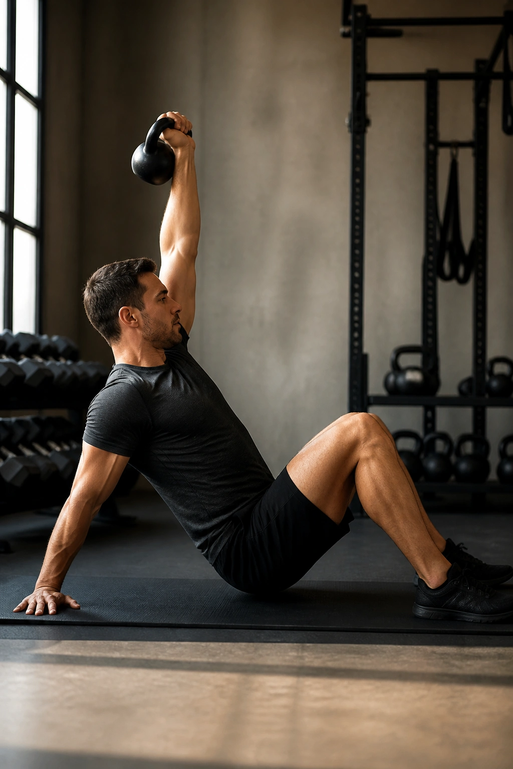 Side view of a person performing sit-up to press with kettlebell overhead.